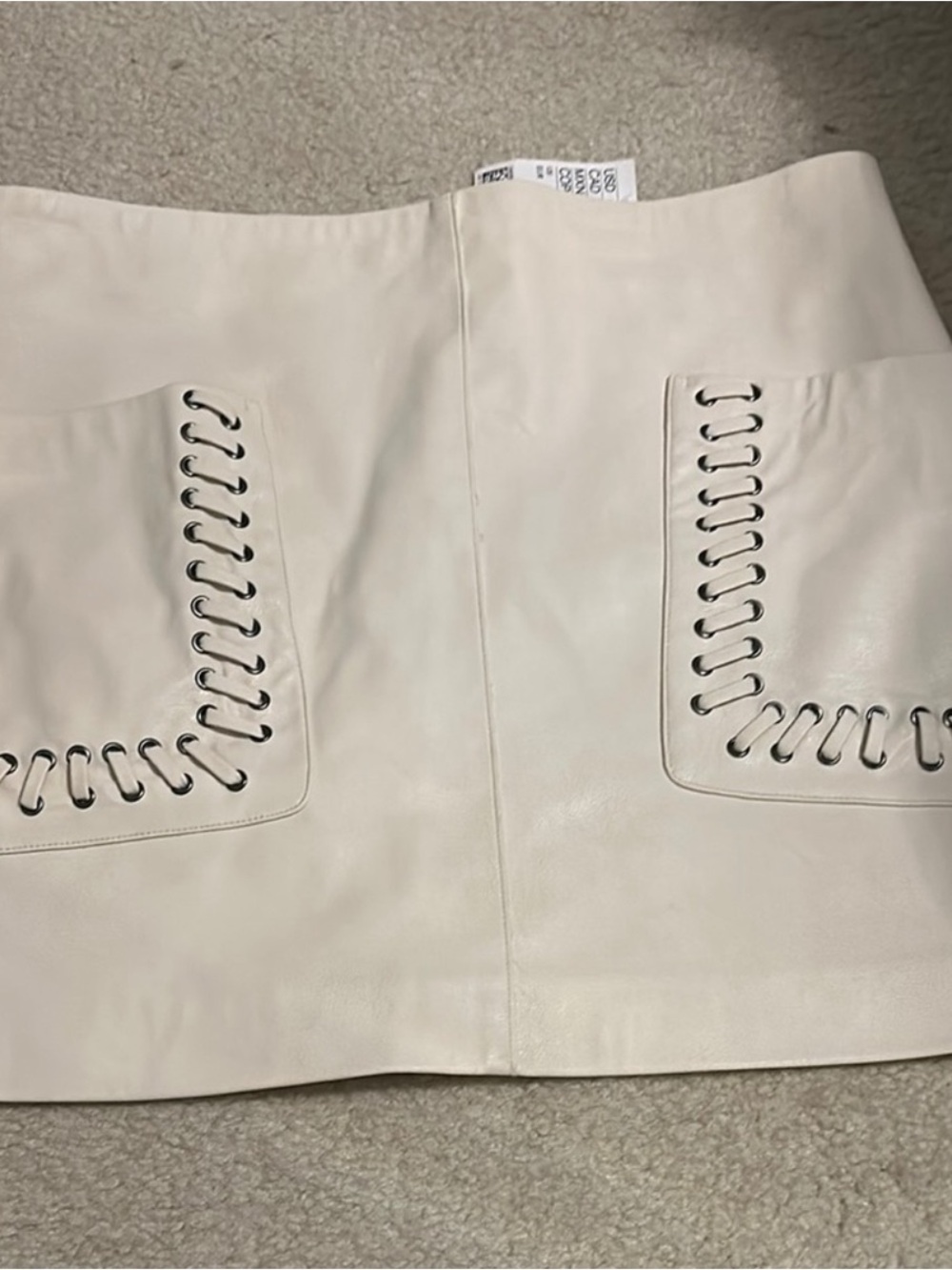 Cream Leather Mini Skirt with Laced Trim Pockets